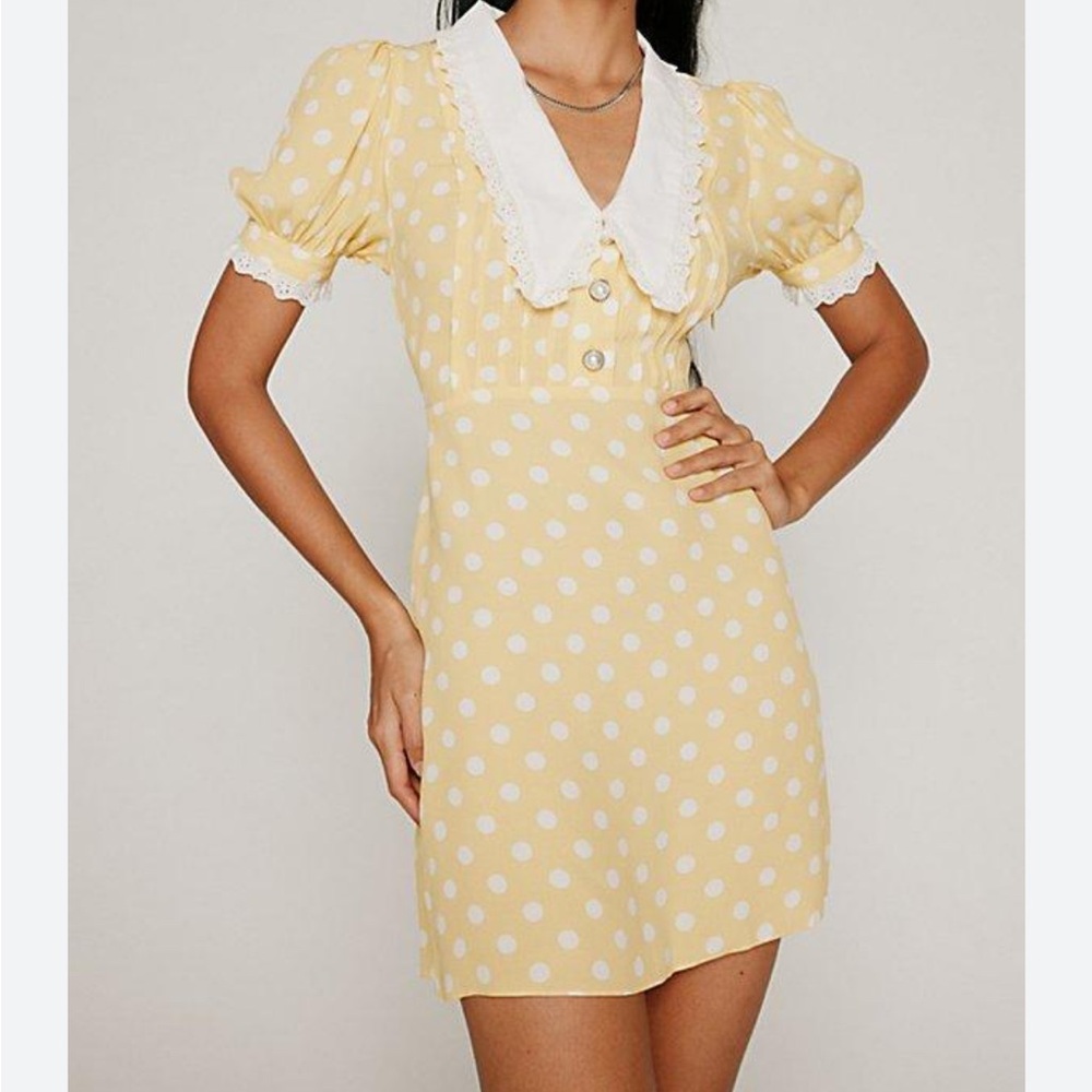 Kimchi Blue Yellow Polka Dot Mini Dress with White Collar